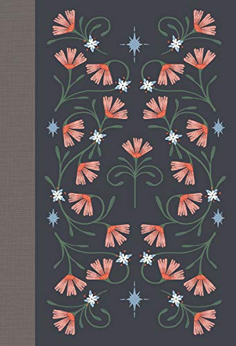 Dark gray Bible cover featuring a symmetrical pattern of pink flowers and small stars.