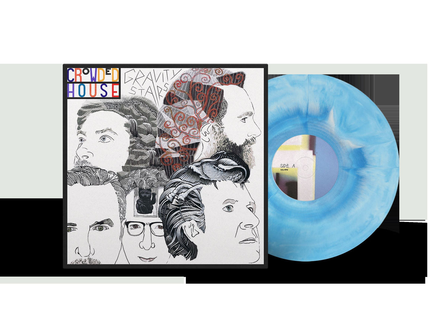 Crowded House “Gravity Stairs” vinyl record with illustrated cover and blue disc.