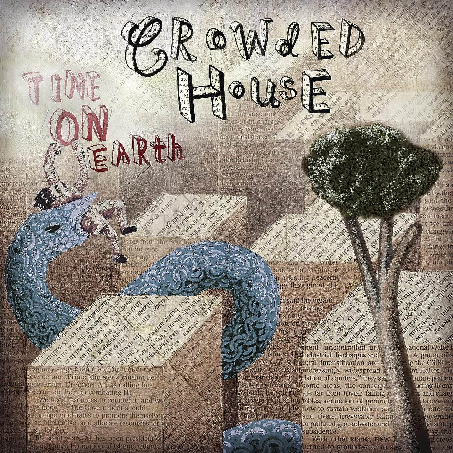 Time On Earth" CD cover by Crowded House, featuring illustrated faces and text.