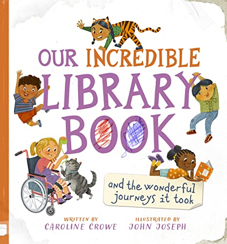 Children and animals with a library book on a textured cover.