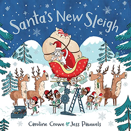 Santa in a red sleigh being repaired by elves and reindeer.