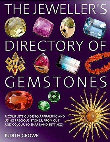 Book cover featuring various colorful gemstones and jewelry, titled "The Jeweller's Directory of Gemstones".