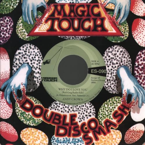 Vintage vinyl record label with hands, text, and colorful speckled background.