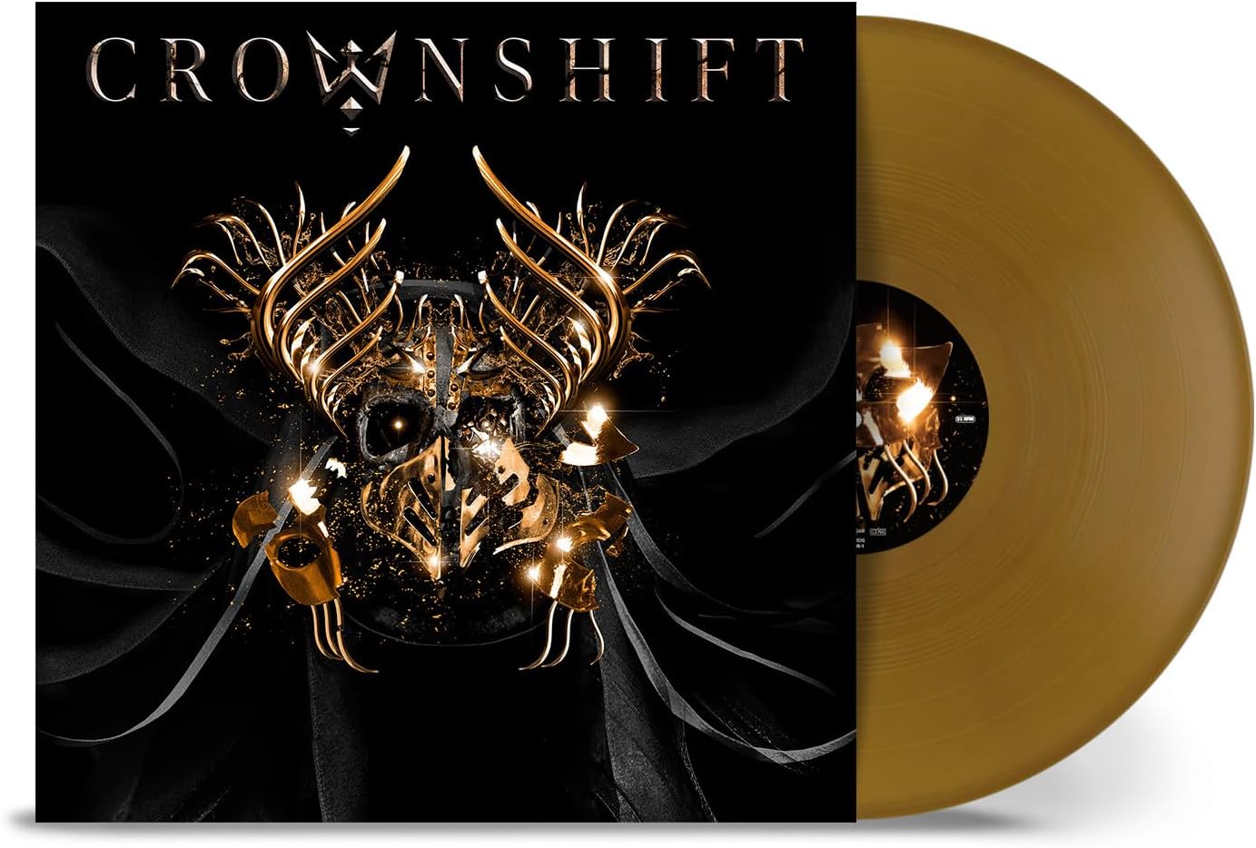 Crownshift vinyl record with golden disc and ornate mask cover art.