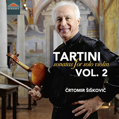 Violinist Črtomir Šišković with a violin, album cover for Tartini sonatas.