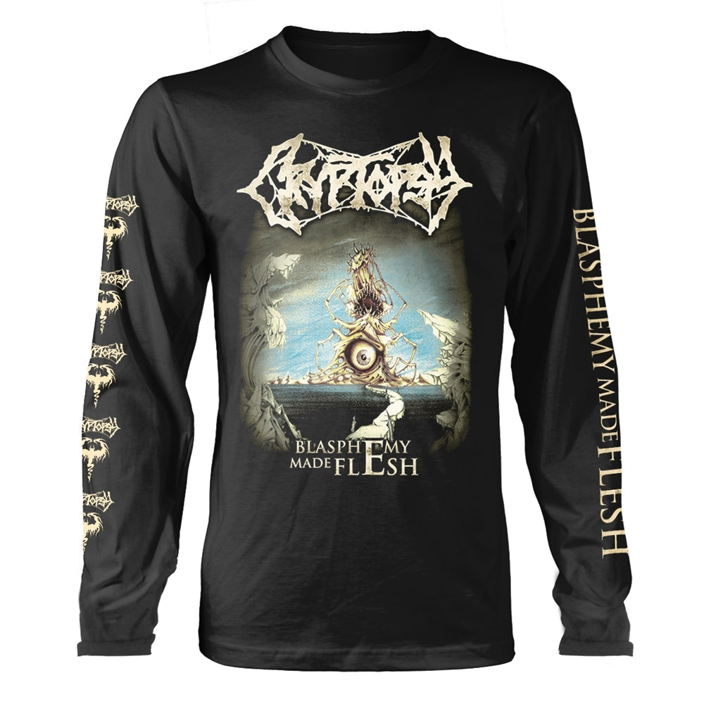 Black long sleeve shirt featuring Cryptopsy Blasphemy Made Flesh album art on the front.