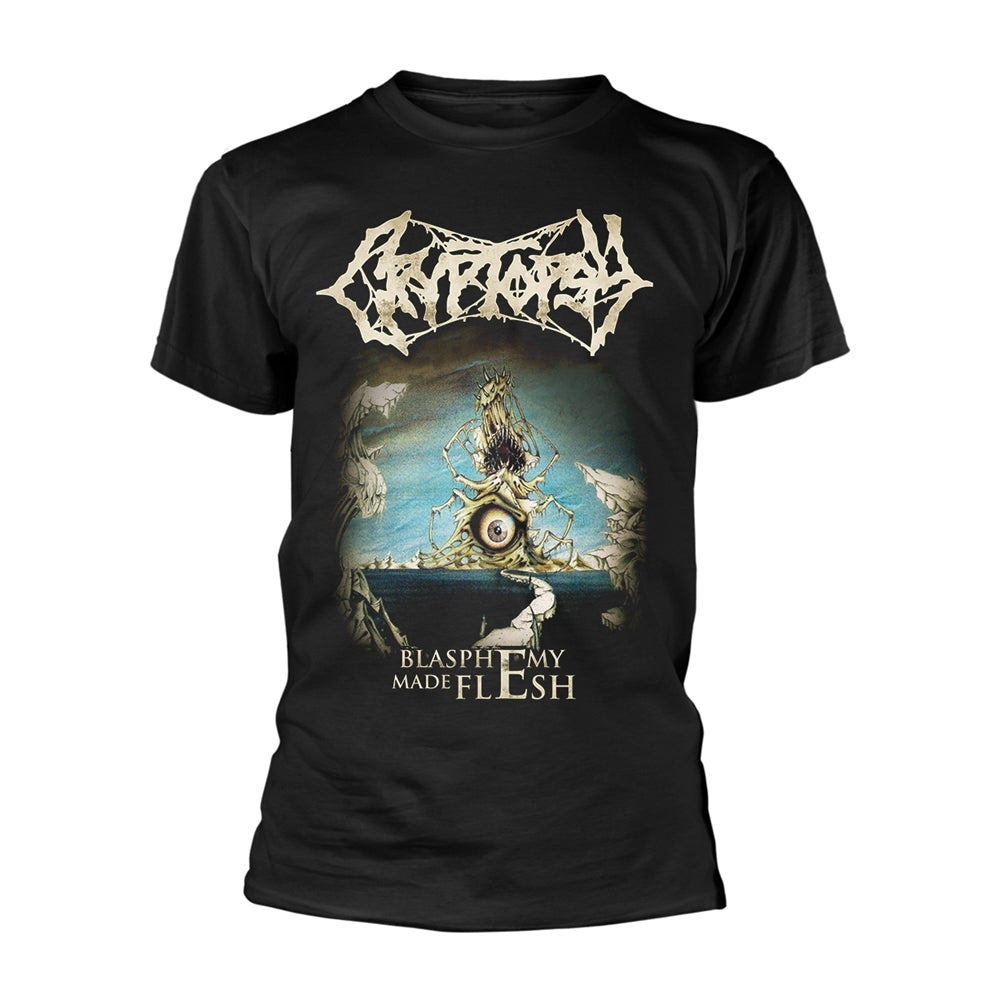 Black t-shirt with Cryptopsy’s “Blasphemy Made Flesh” album art.