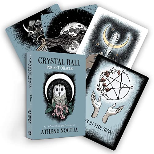 A box and four oracle cards featuring mystical illustrations of owls, moons, and crystals.