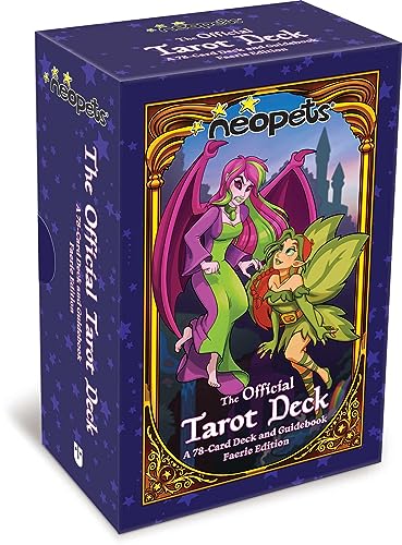 Purple Neopets tarot deck box featuring faerie characters in ornate gold frame.
