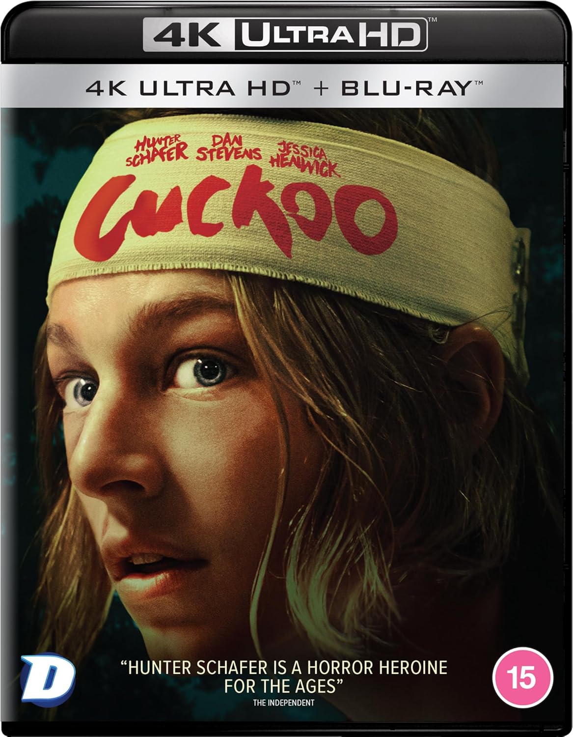 “Cuckoo” 4K UHD Blu-ray cover featuring a frightened woman with a headband.