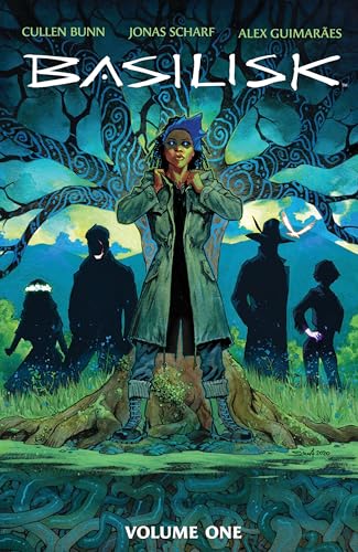 Comic book cover: woman facing shadowy figures under a large tree.