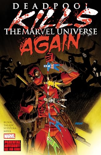 Deadpool with swords, surrounded by silhouettes of fallen heroes.