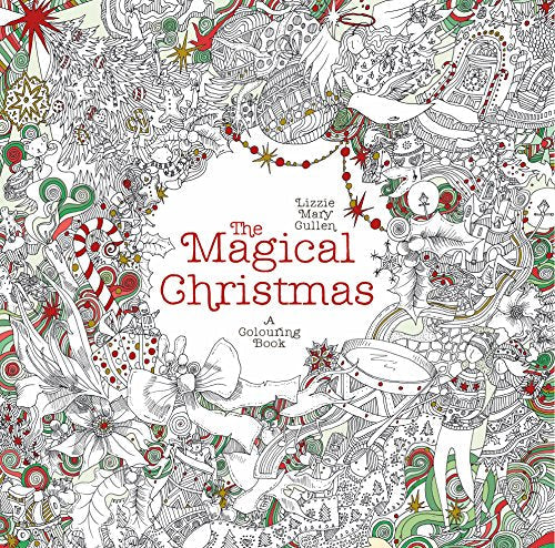 Intricate black and white illustration of Christmas scenes and decorations.