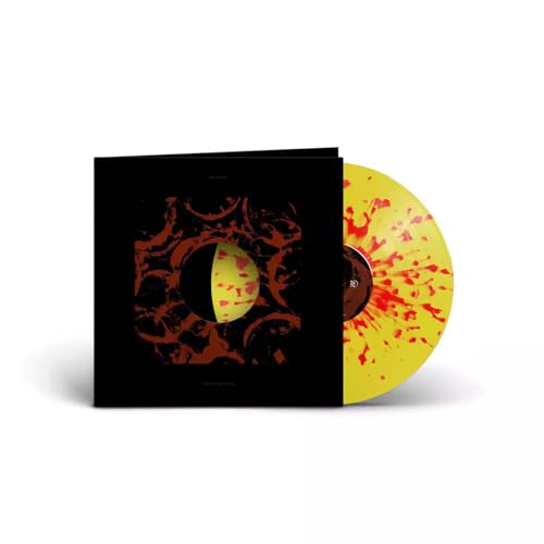 Vinyl record with yellow and red splatter, and black album cover.