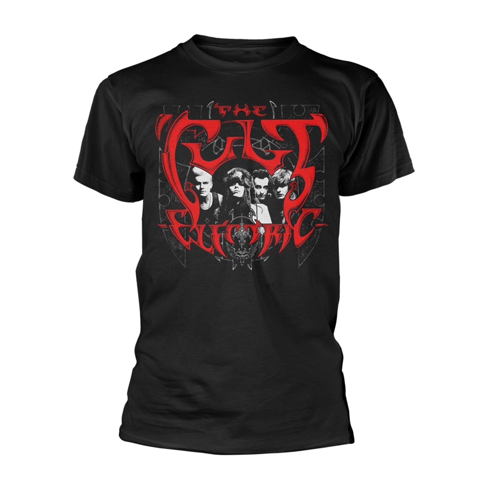 Black t-shirt with a red and white graphic of a band, The Cult.