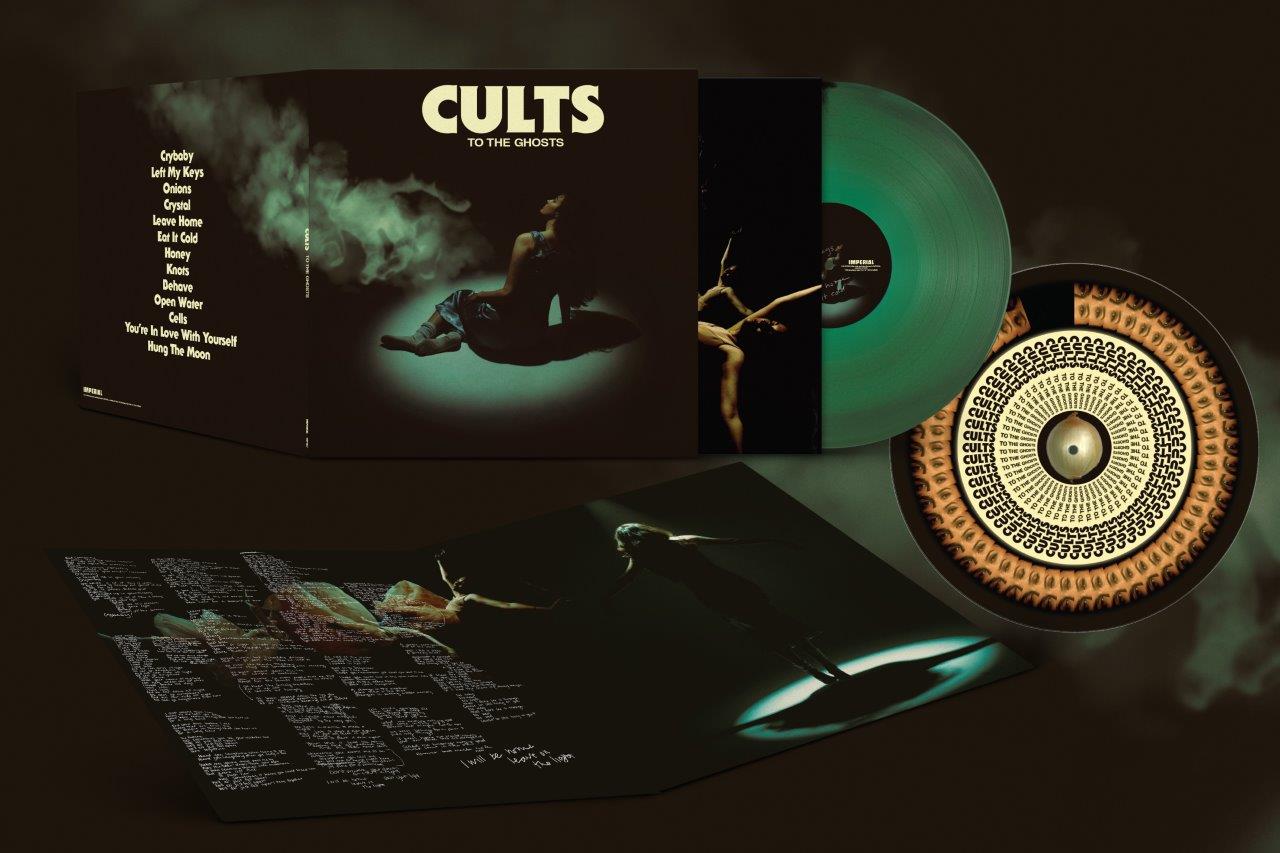 Cults’ “To The Ghosts” vinyl record, open with green disc and sleeve.