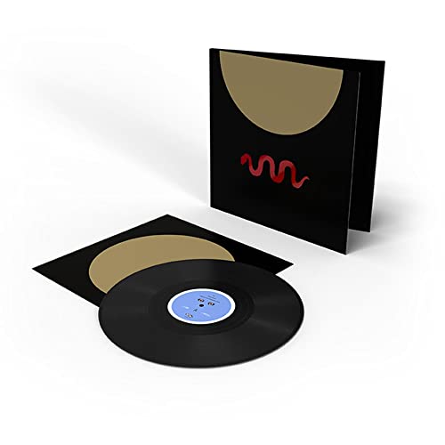 Black vinyl record with gold and black sleeve, red wavy line detail.