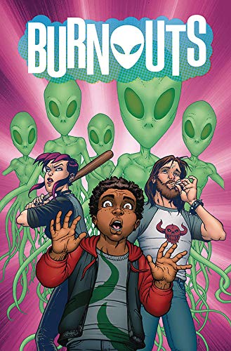 Comic book cover featuring three people facing large green aliens.