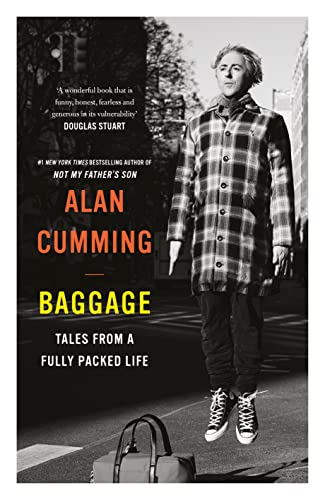 Book cover: Alan Cumming’s “Baggage,” featuring him mid-air in a plaid coat.
