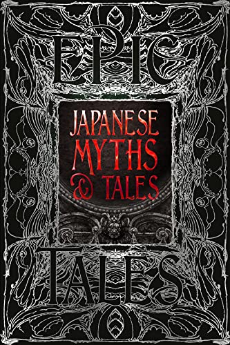 Book cover with ornate silver filigree border and red text reading Japanese Myths & Tales.