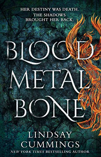 Book cover: dark teal background, fiery phoenix, bold title “Blood Metal Bone”.