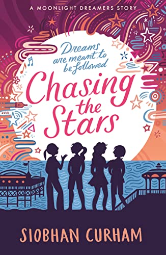 Book cover: silhouettes of four children before a colorful, starry background.