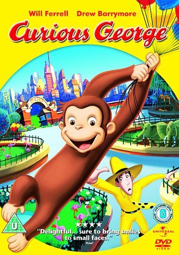 Curious George hanging from balloons with the Man in the Yellow Hat at a zoo.