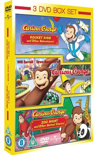 Curious George DVD box set with three films and character art.