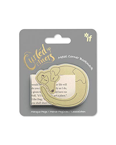 Gold metal bookmark shaped like a curled-up dog with text overlay.