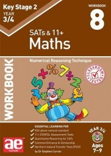 Brown workbook cover with large “8”, maths symbols, and a clown illustration.