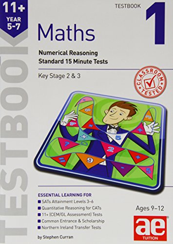 Front cover of 11+ Maths Year 5-7 Testbook 1 featuring a cartoon magician illustration.
