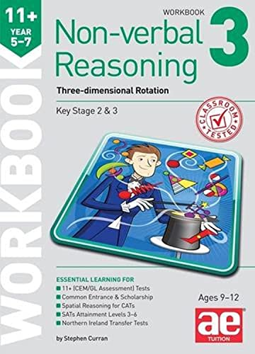 Workbook with 3D rotation puzzles, diagrams, and illustrations for non-verbal reasoning practice exercises.