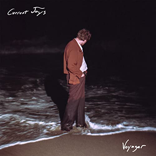A person in a brown jacket stands in the ocean at night.