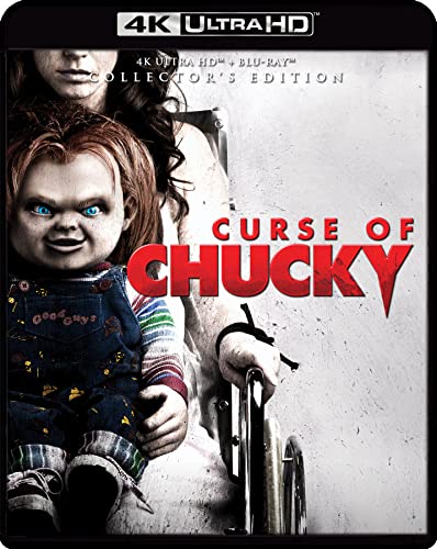 Curse of Chucky" Blu-ray cover with Chucky doll and woman in background.