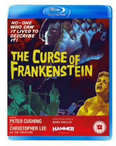 Curse of Frankenstein" Blu-ray cover featuring a monster’s hand and dramatic scenes.