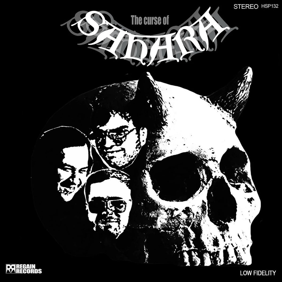 Vinyl record cover: skull with multiple faces, dark background, text.