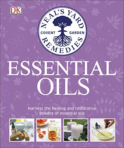 The image depicts a book cover with a purple background and white botanical illustrations. For accessibility purposes, a suitable alt text could be: "Purple book cover with white botanical illustrations and 'Essential Oils' title."