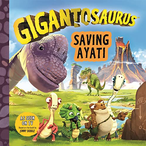 Children's book cover featuring a Gigantosaurus and a character named Ayati.