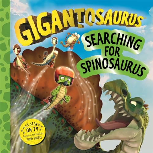 Book cover featuring colorful cartoon dinosaurs and rocky terrain.