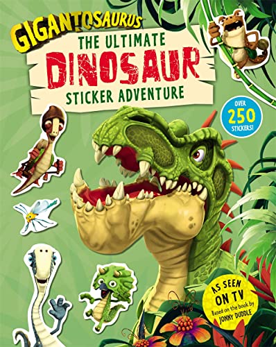 Gigantosaurus sticker book cover featuring cartoon dinosaurs and lush foliage.
