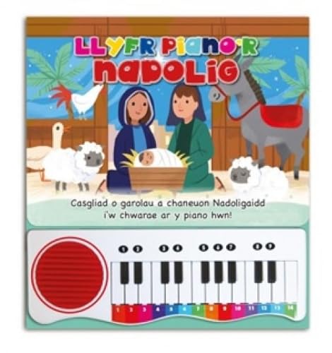 Christmas piano book with Nativity scene and color-coded keyboard.