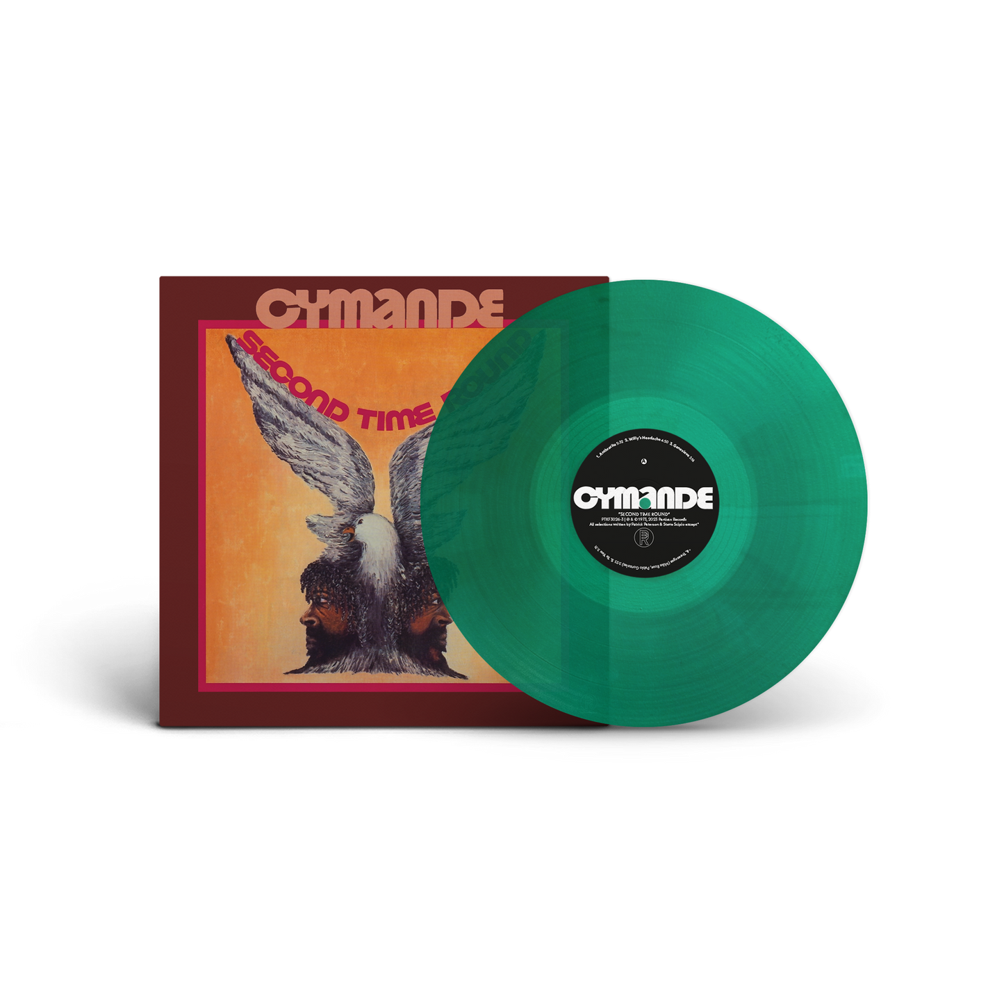 Cymande’s “Second Time Round” green vinyl LP with illustrated cover art.