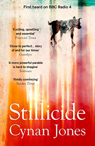 Book cover for “Stillicide” featuring a dog and abstract orange background.