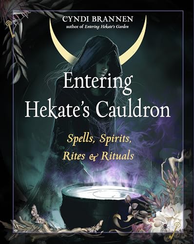 Book cover featuring a hooded figure behind a glowing cauldron under a crescent moon.