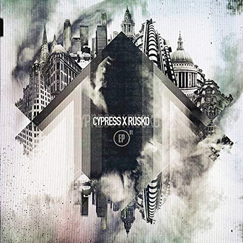 Cypress Hill & Rusko EP album cover with fragmented cityscapes.