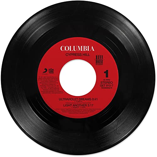Black vinyl record with red and white Cypress Hill label, tracklist visible.
