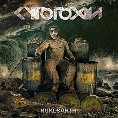 Man in a gas mask sits on barrels amidst a polluted, stormy landscape.