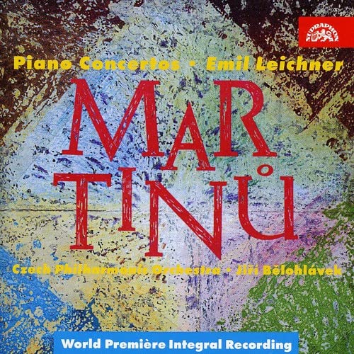 CD cover for Martinu’s Piano Concertos with red text on abstract background.