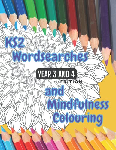 Book cover with colourful pencils framing a floral mandala design.