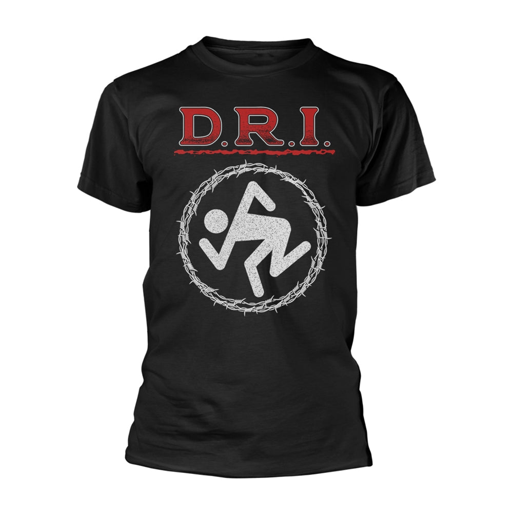 Black D.R.I. t-shirt with barbed wire and figure logo graphic.